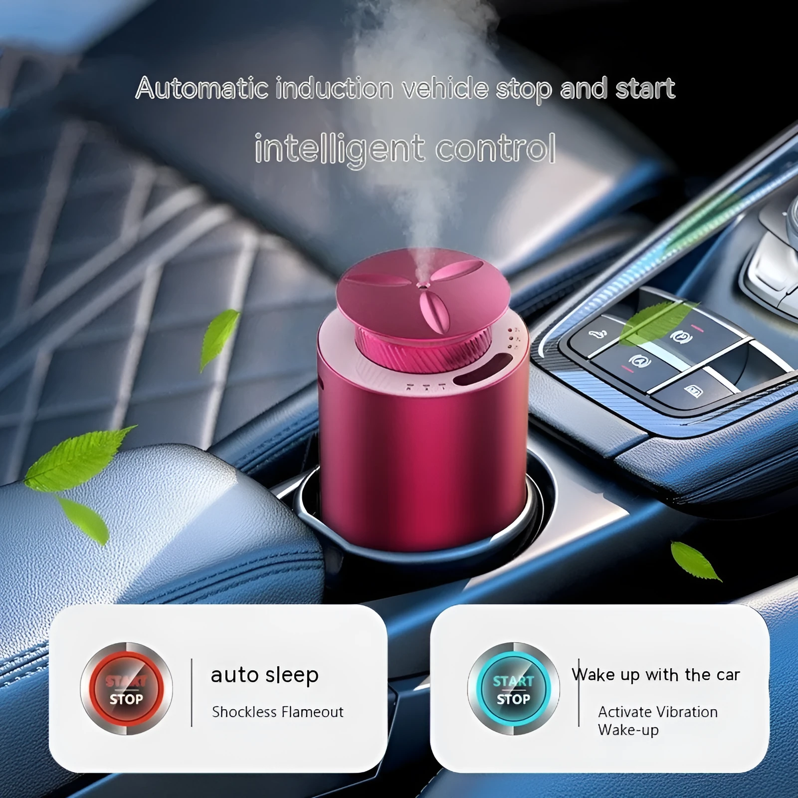 Portable car aroma diffuser in column shape with metal construction and touch button controls