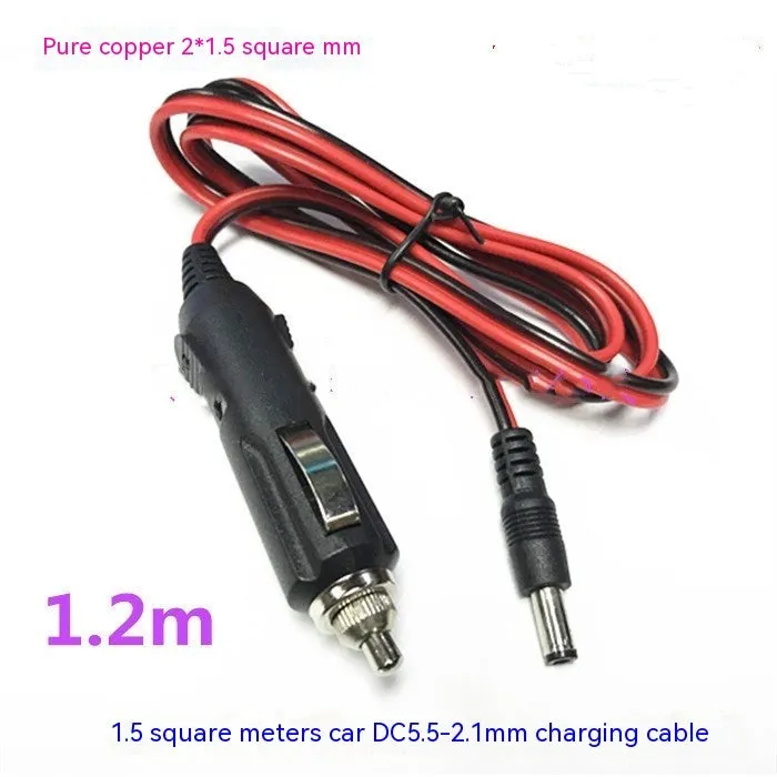 Black 12V car cigarette lighter charging cable with DC5.5mm plug showing 1.2 metre length and built-in indicator light