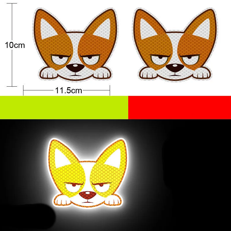 A pair of diamond-grade reflective safety stickers for vehicles, showing sample designs like a smiling cat or tiger.