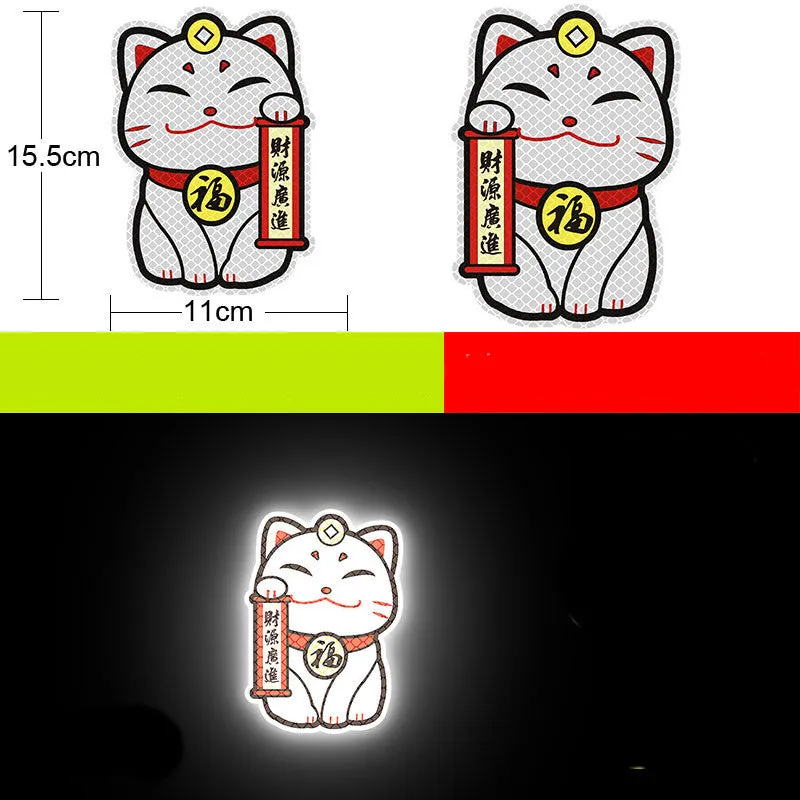 A pair of diamond-grade reflective safety stickers for vehicles, showing sample designs like a smiling cat or tiger.