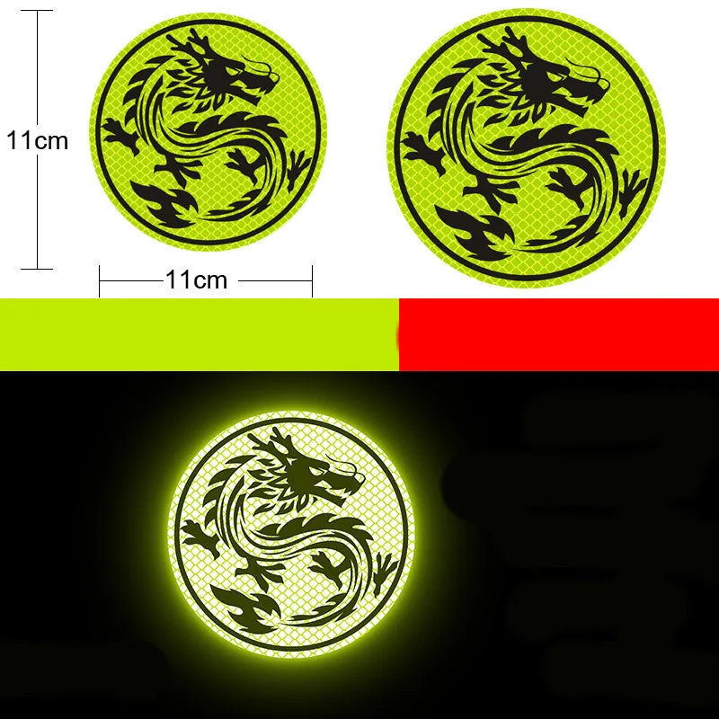 A pair of diamond-grade reflective safety stickers for vehicles, showing sample designs like a smiling cat or tiger.
