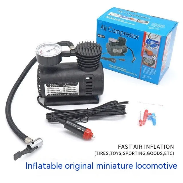 Black 12V mini portable car air pump on a white background.