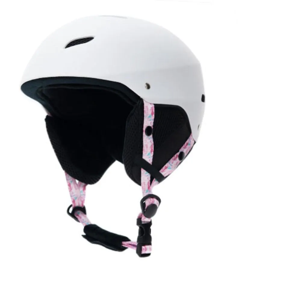 Men's protective ski helmet with ABS shell and EPS liner shown in blue and white heart design.