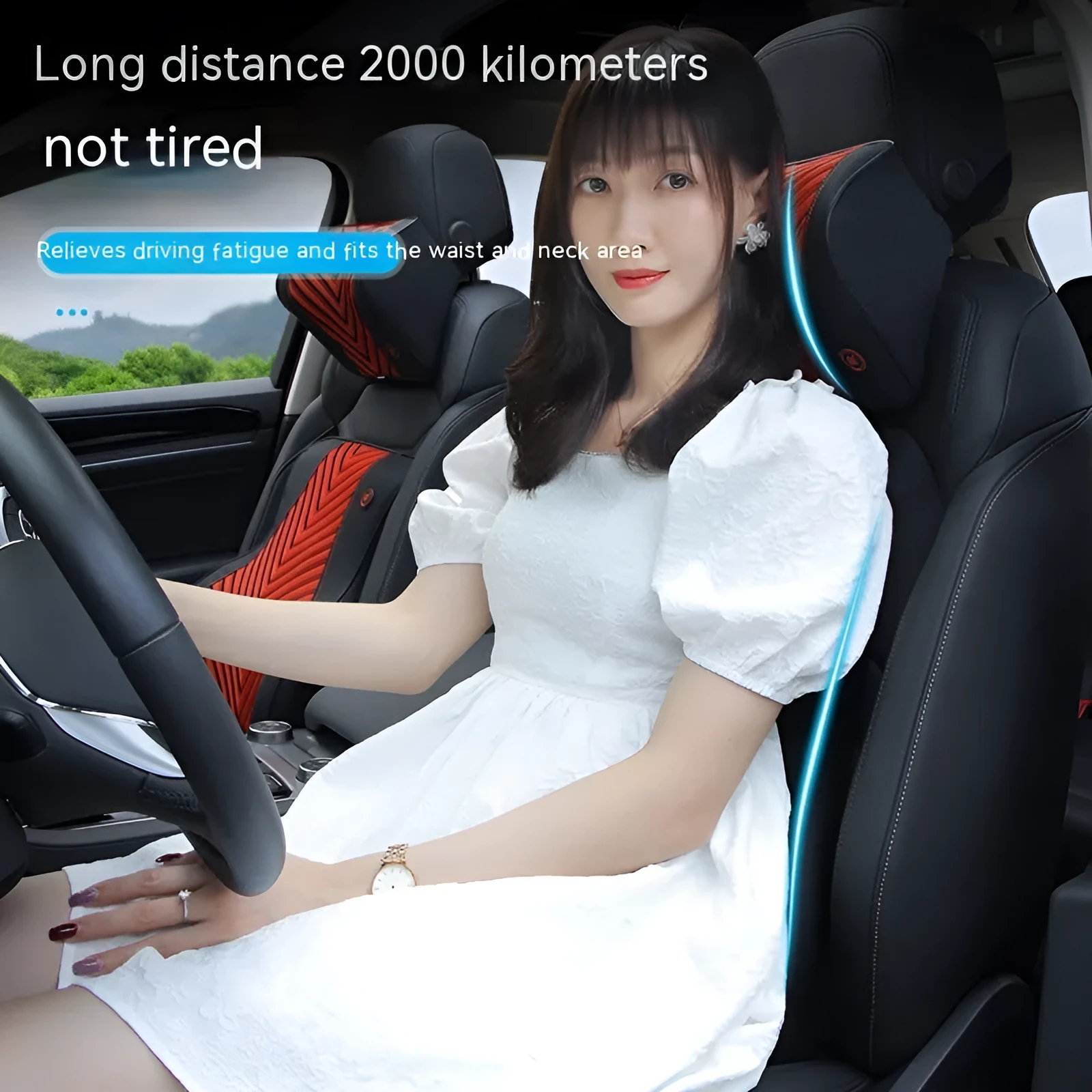 Black and orange electric heating massage car headrest and lumbar support cushion on a car seat.