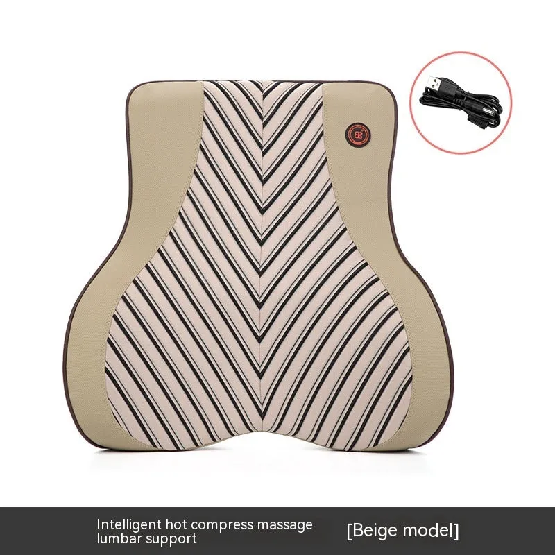 Black and orange electric heating massage car headrest and lumbar support cushion on a car seat.