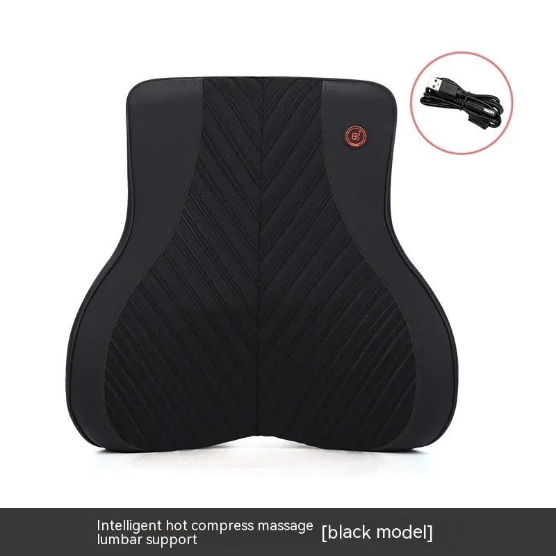 Black and orange electric heating massage car headrest and lumbar support cushion on a car seat.