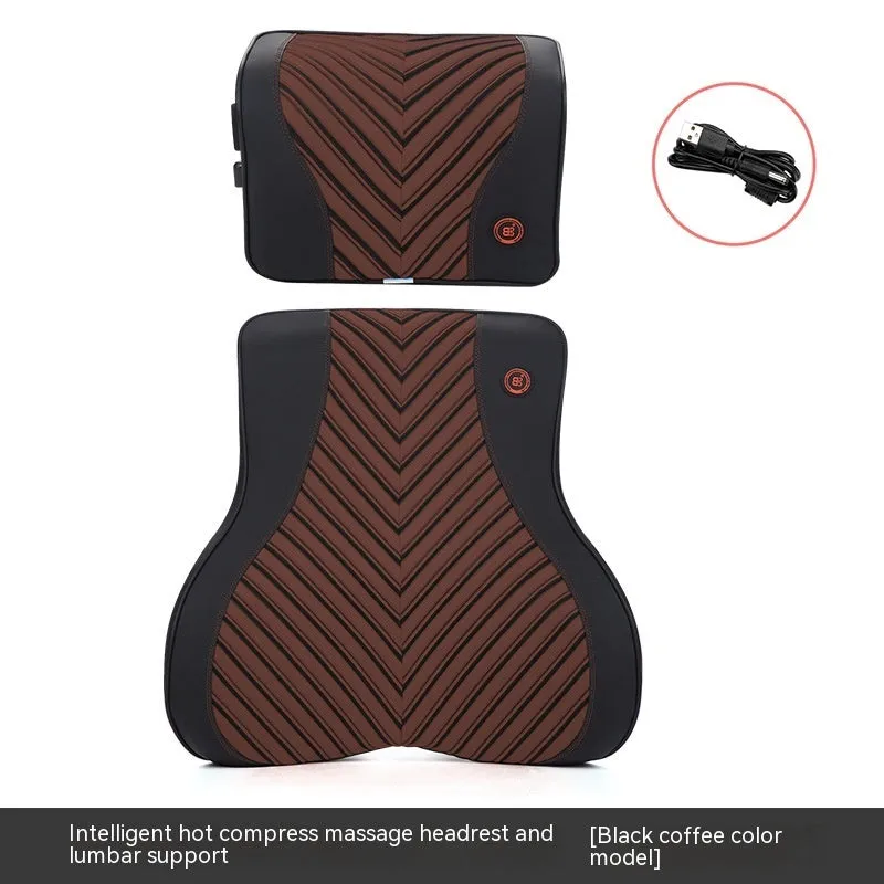 Black and orange electric heating massage car headrest and lumbar support cushion on a car seat.