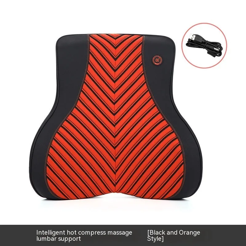 Black and orange electric heating massage car headrest and lumbar support cushion on a car seat.