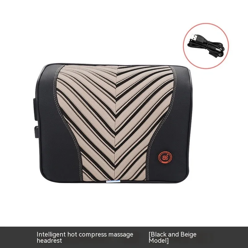 Black and orange electric heating massage car headrest and lumbar support cushion on a car seat.