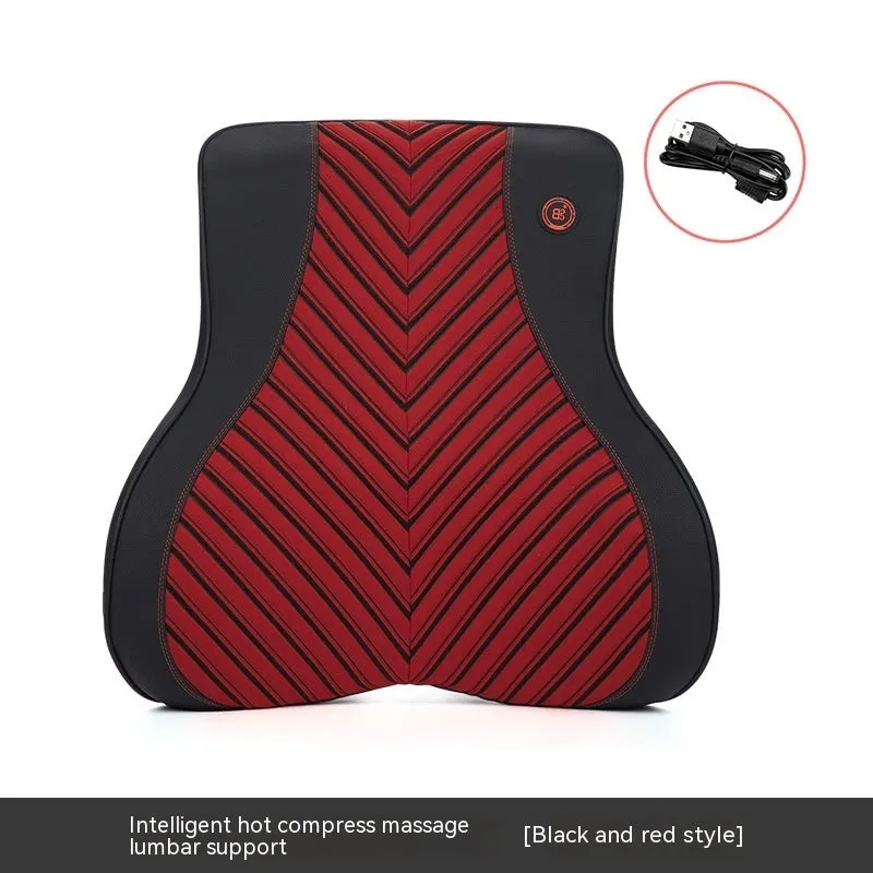 Black and orange electric heating massage car headrest and lumbar support cushion on a car seat.