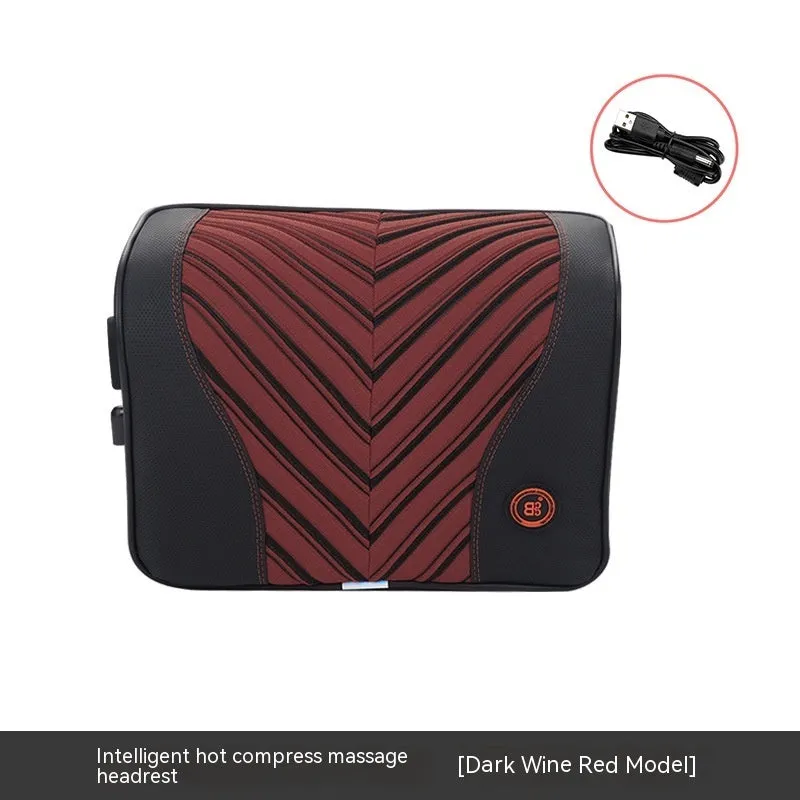 Black and orange electric heating massage car headrest and lumbar support cushion on a car seat.