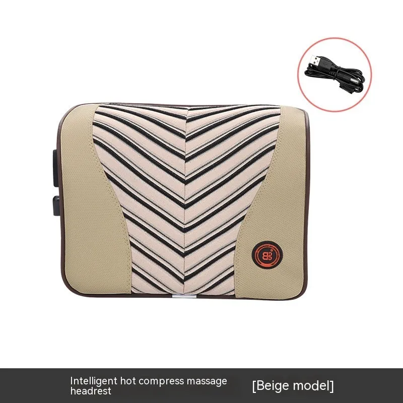 Black and orange electric heating massage car headrest and lumbar support cushion on a car seat.
