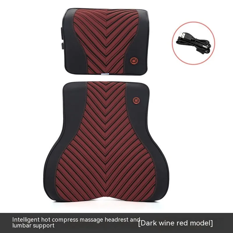 Black and orange electric heating massage car headrest and lumbar support cushion on a car seat.