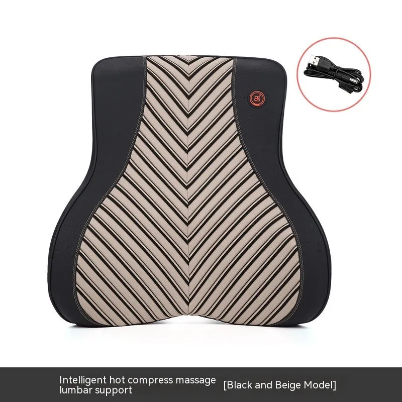 Black and orange electric heating massage car headrest and lumbar support cushion on a car seat.