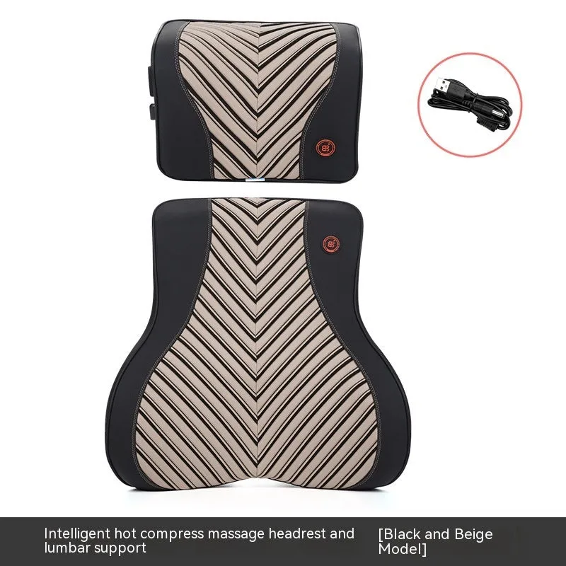 Black and orange electric heating massage car headrest and lumbar support cushion on a car seat.