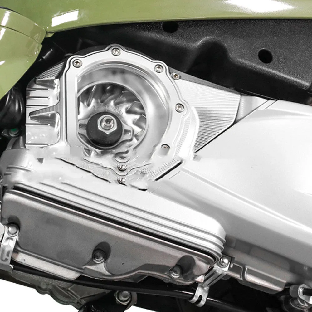 Vespa Primavera scooter clutch intake cover in black, red, silver, and titanium finish options