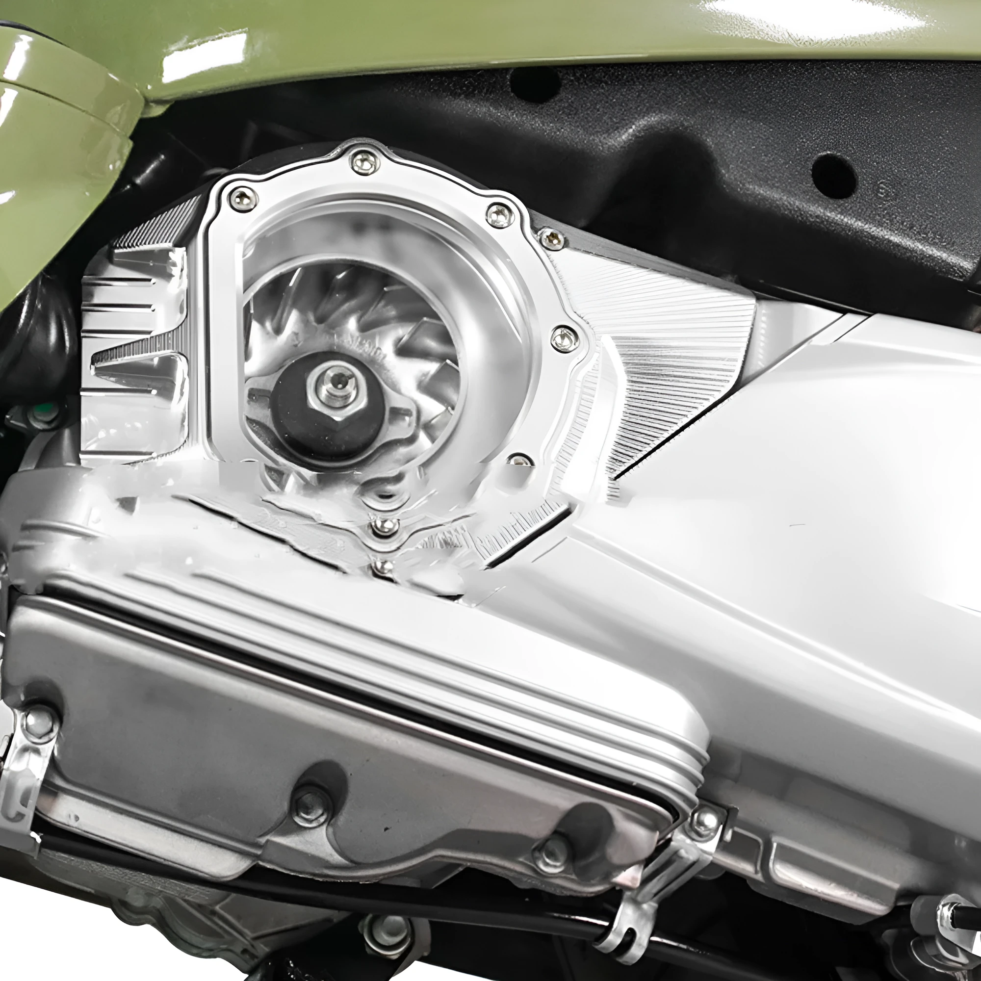 Vespa Primavera scooter clutch intake cover in black, red, silver, and titanium finish options