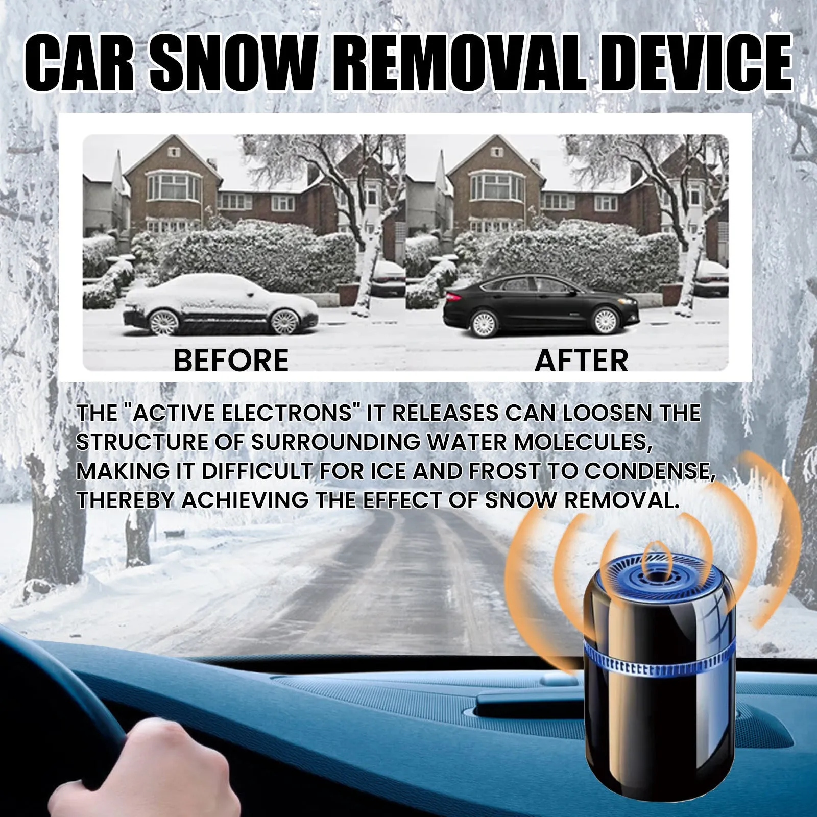 Compact car windscreen defrosting tool for snow melting and ice removal measuring 5.6 by 6.8 cm