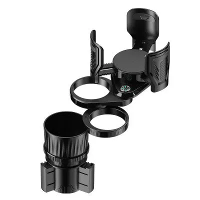 Retractable black car drink cup holder with adjustable base on a car console.