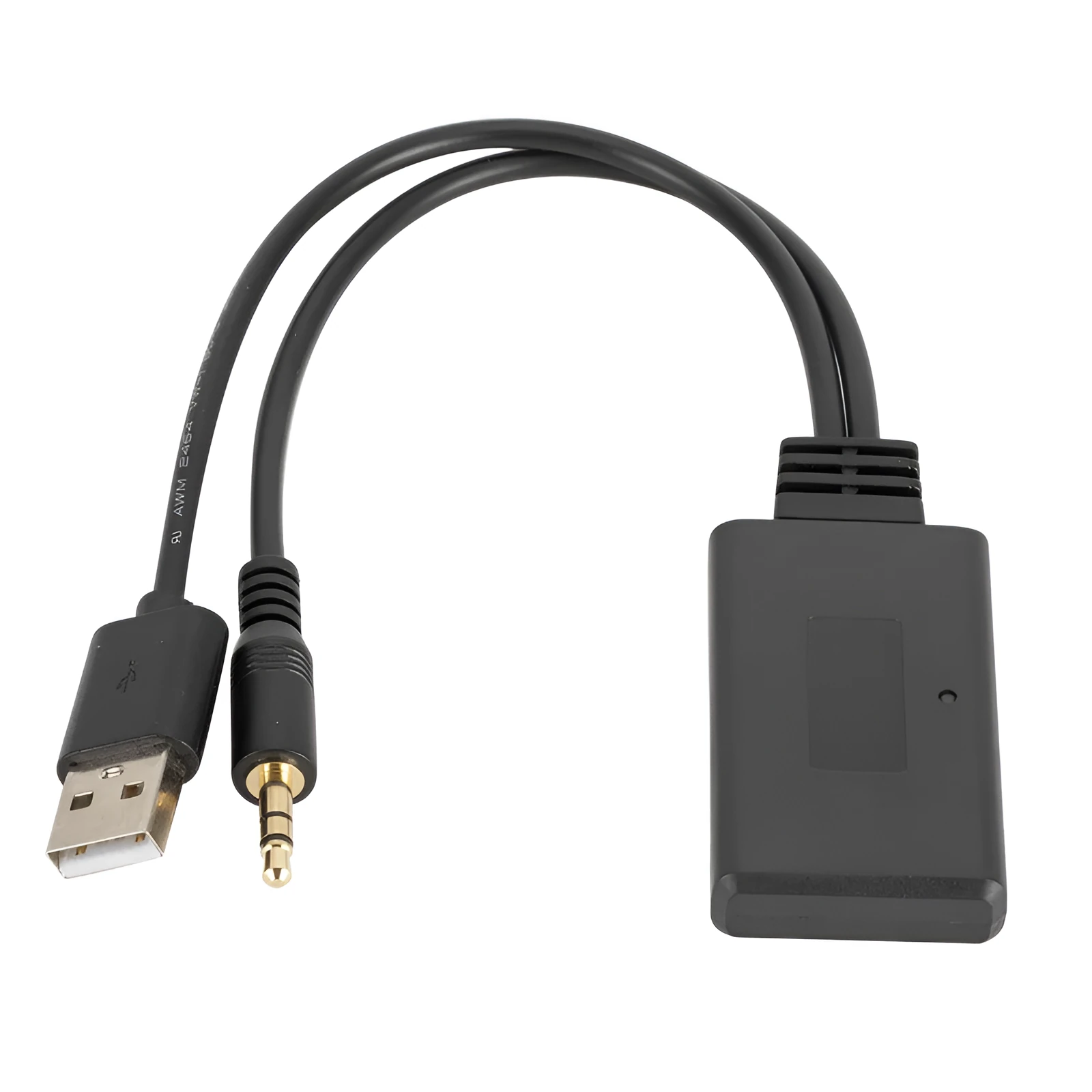 Black Car AUX Bluetooth Audio Receiver with USB and 3.5mm jack ports.