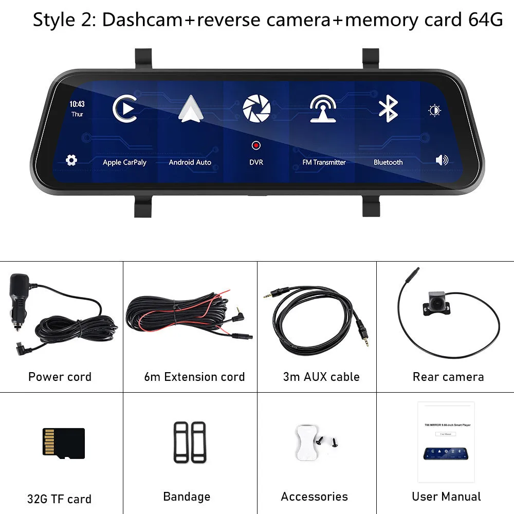 9.66-inch HD car dashcam and reversing camera system with mounting kit on a table