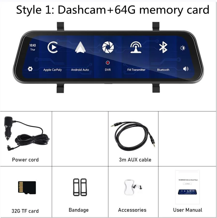 9.66-inch HD car dashcam and reversing camera system with mounting kit on a table