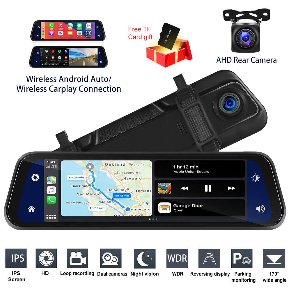9.66-inch HD car dashcam and reversing camera system with mounting kit on a table