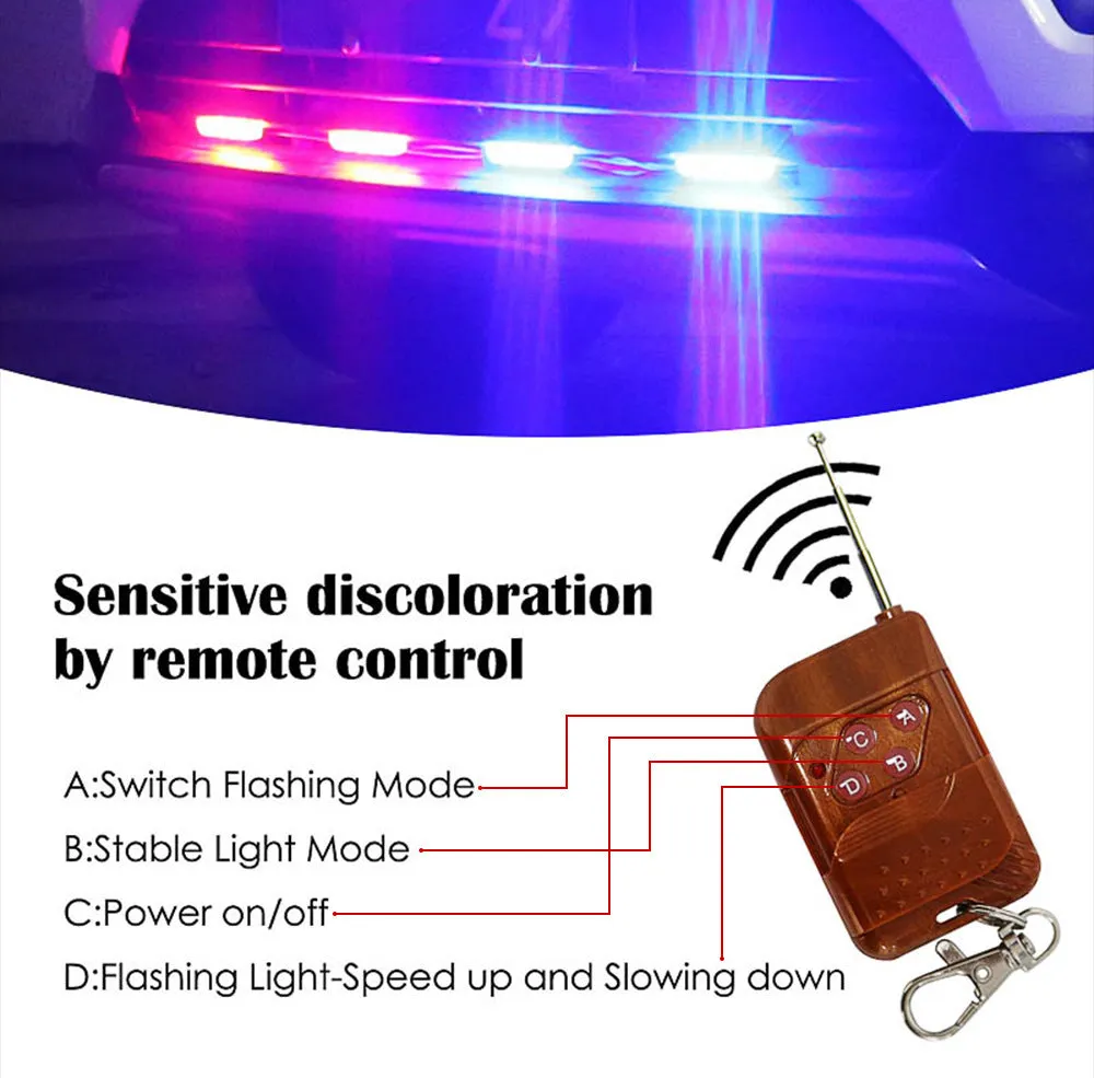 Black car mounted LED emergency warning light with wireless remote control on a vehicle roof.