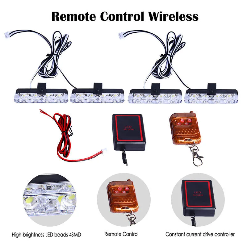 Black car mounted LED emergency warning light with wireless remote control on a vehicle roof.