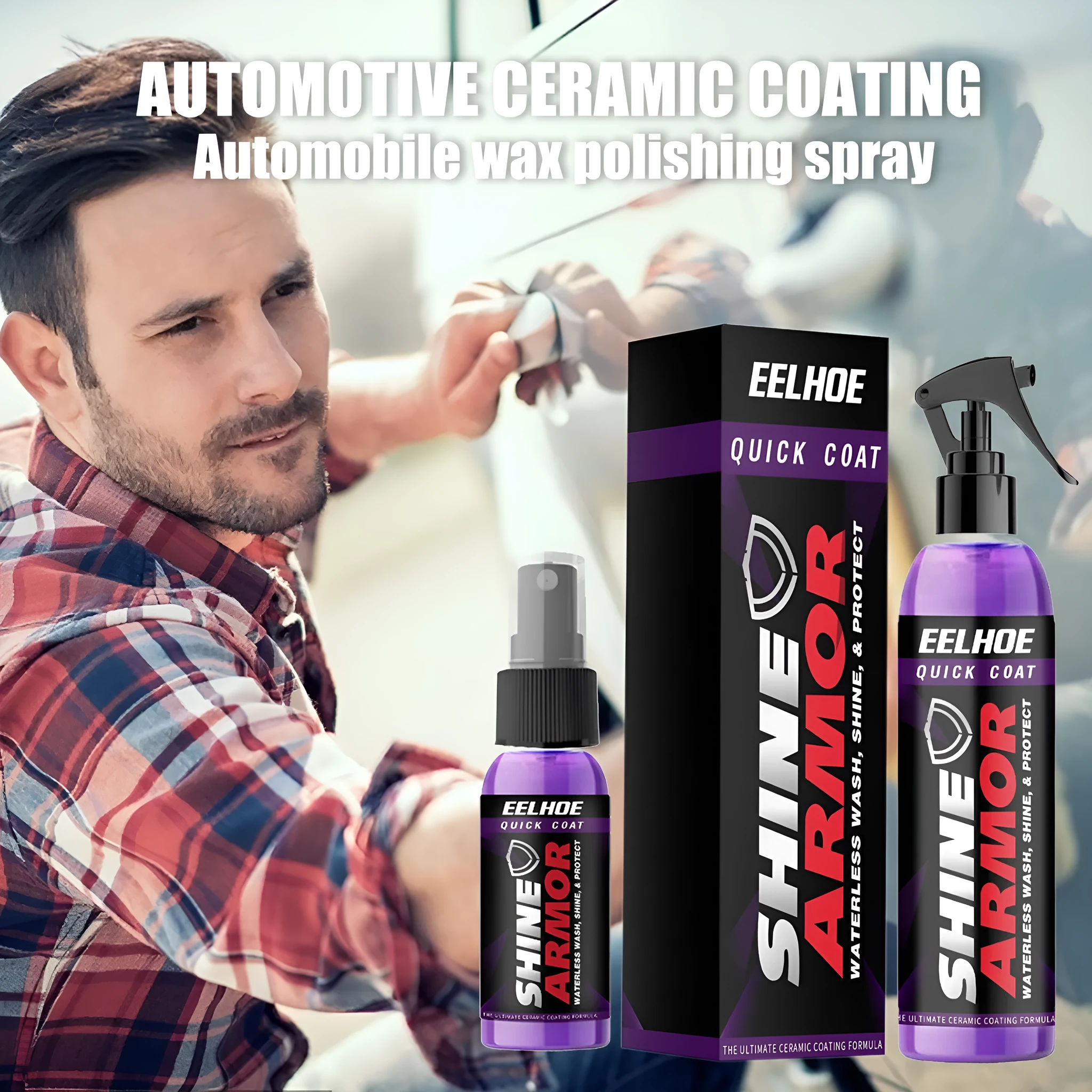 Purple liquid car nano coating spray bottle in 100ml size next to a 30ml bottle.