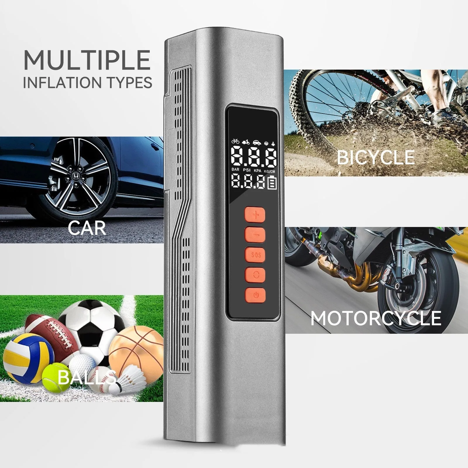 Wireless car tyre inflator with digital display showing pressure readings in multiple units