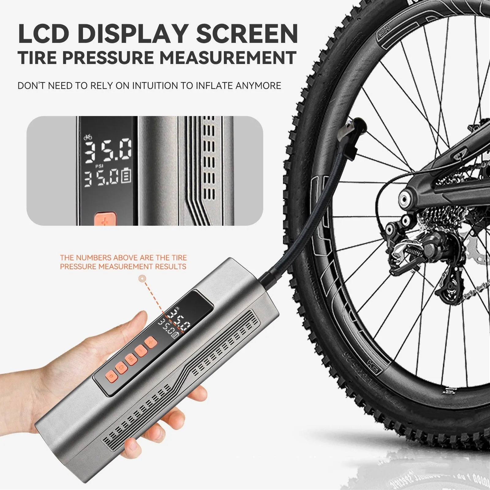 Wireless car tyre inflator with digital display showing pressure readings in multiple units