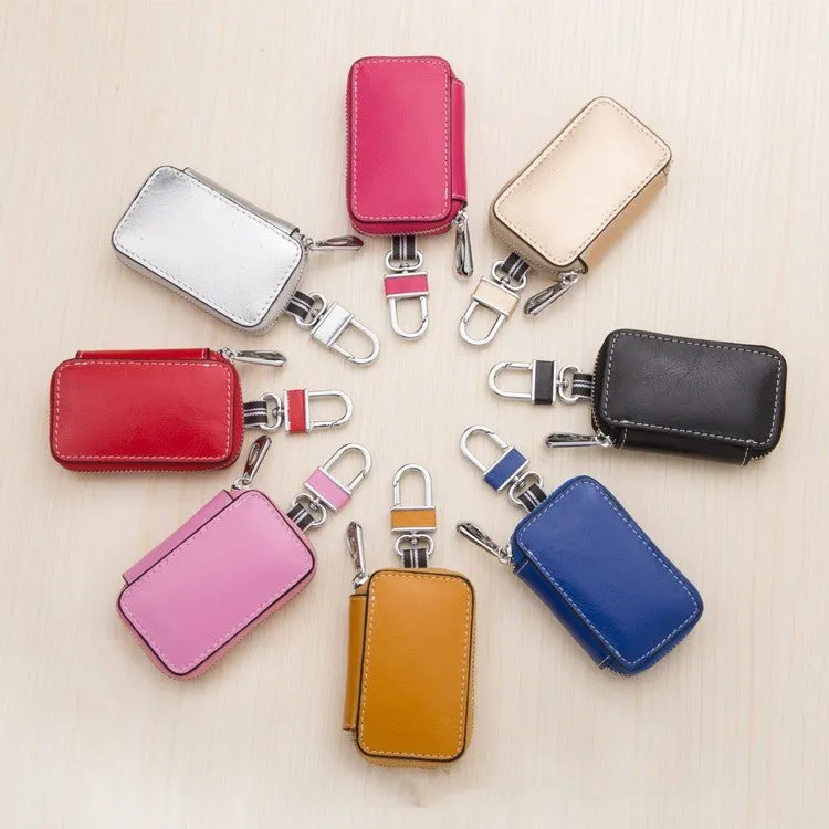 White genuine leather square car key case showing plain weave texture and dimensions.