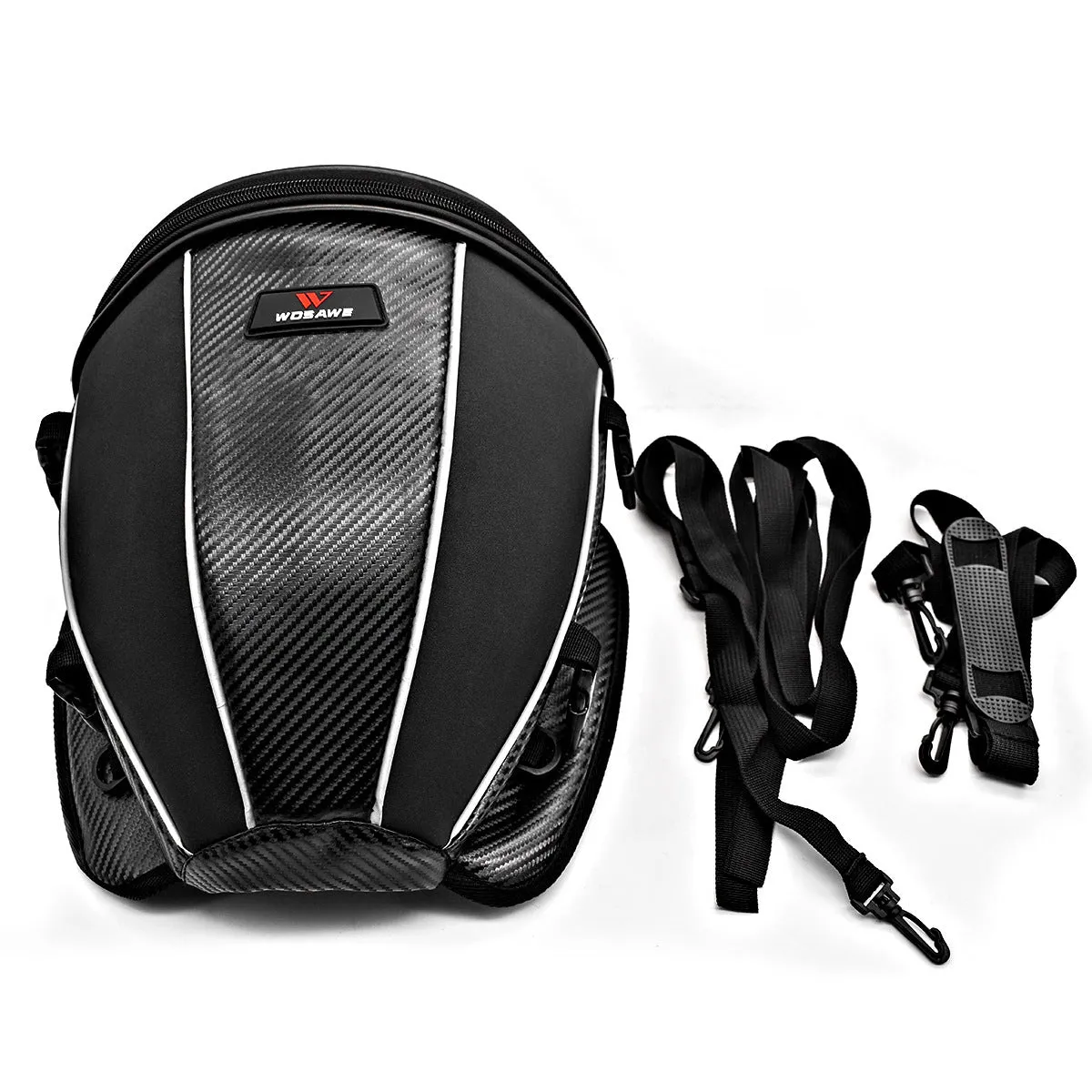Black waterproof motorcycle crossbody bag with reflective strips and multiple pockets