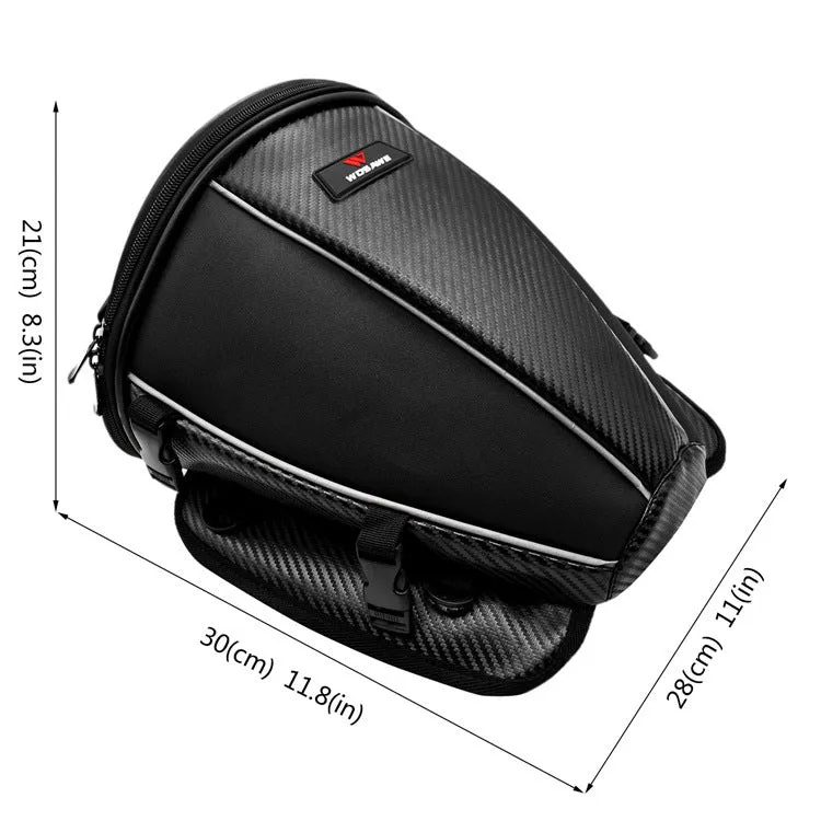 Black waterproof motorcycle crossbody bag with reflective strips and multiple pockets