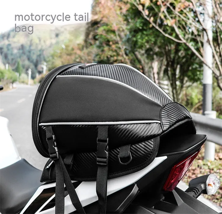 Black waterproof motorcycle crossbody bag with reflective strips and multiple pockets