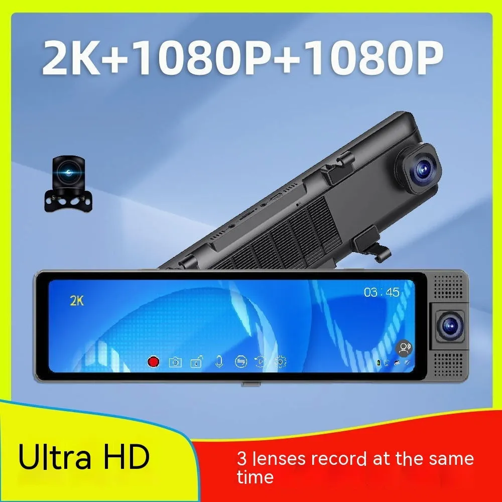 12-inch car rearview mirror dash cam with touch screen showing reversing camera image.