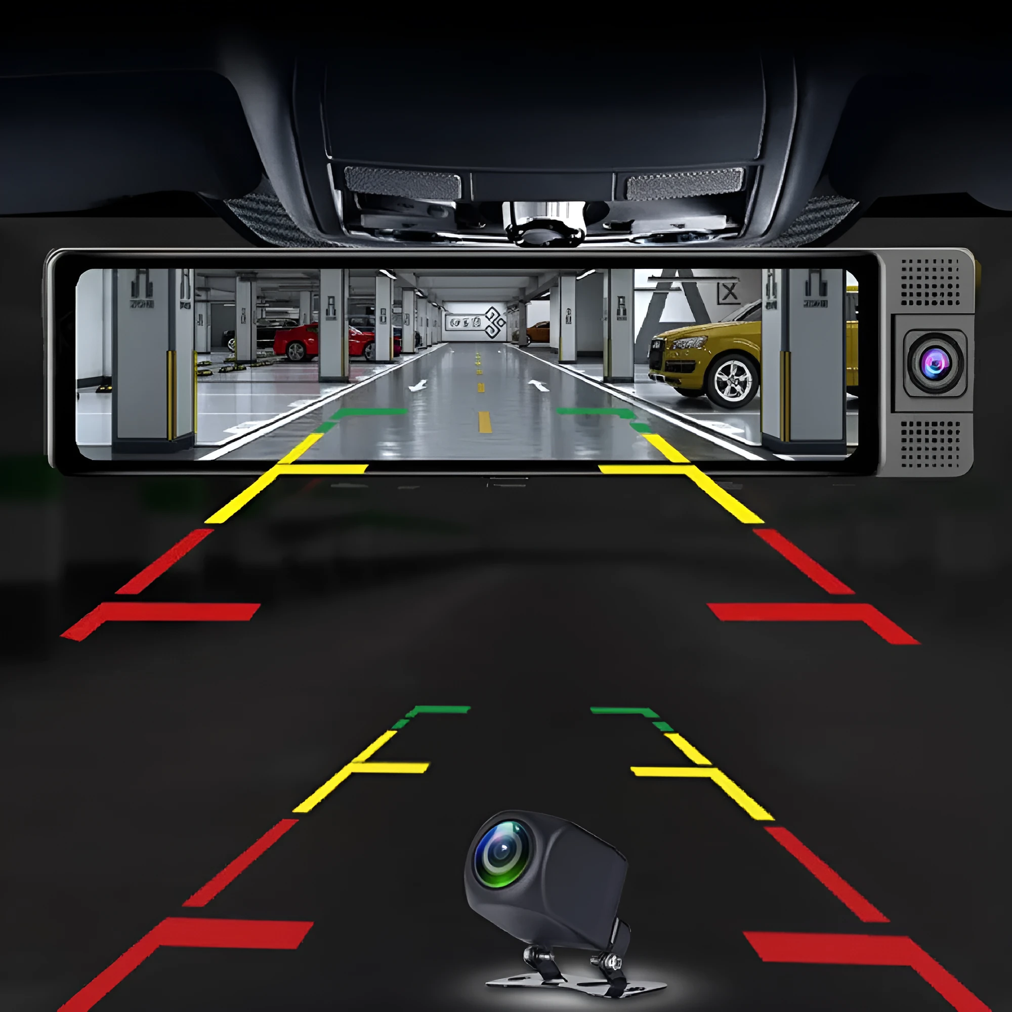 12-inch car rearview mirror dash cam with touch screen showing reversing camera image.