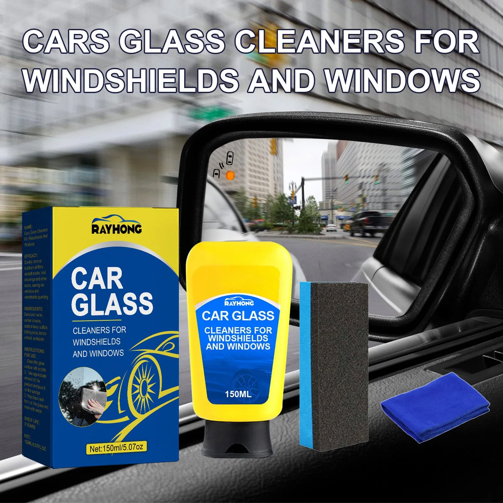 Windshield automotive detergent defogging kit showing 150ml spray bottle, sponge, and cleaning cloth