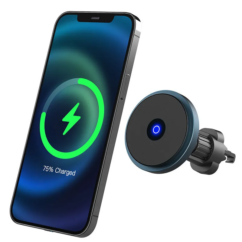 Silver 15W magnetic wireless car charger mounted on vehicle air vent with phone attached