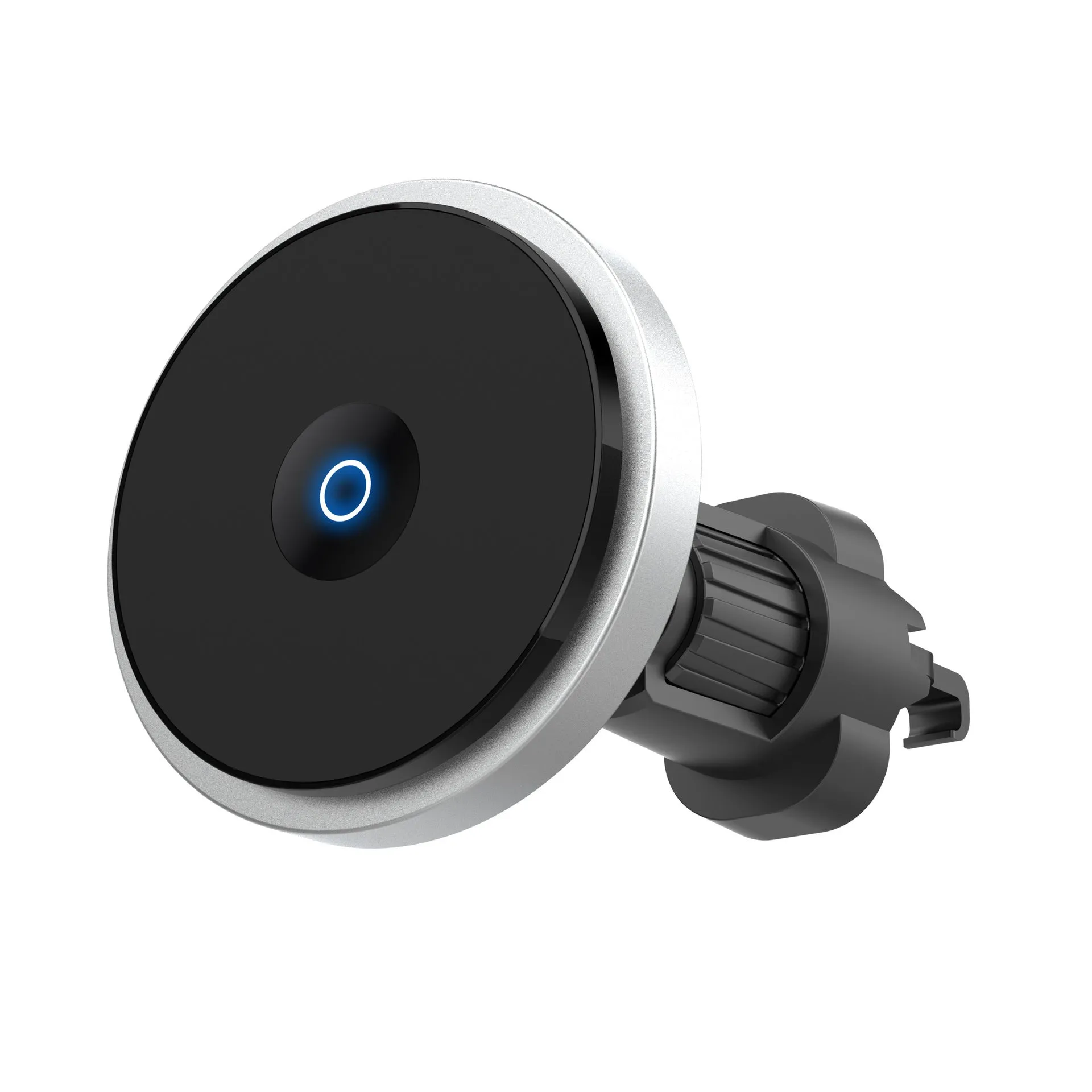 Silver 15W magnetic wireless car charger mounted on vehicle air vent with phone attached