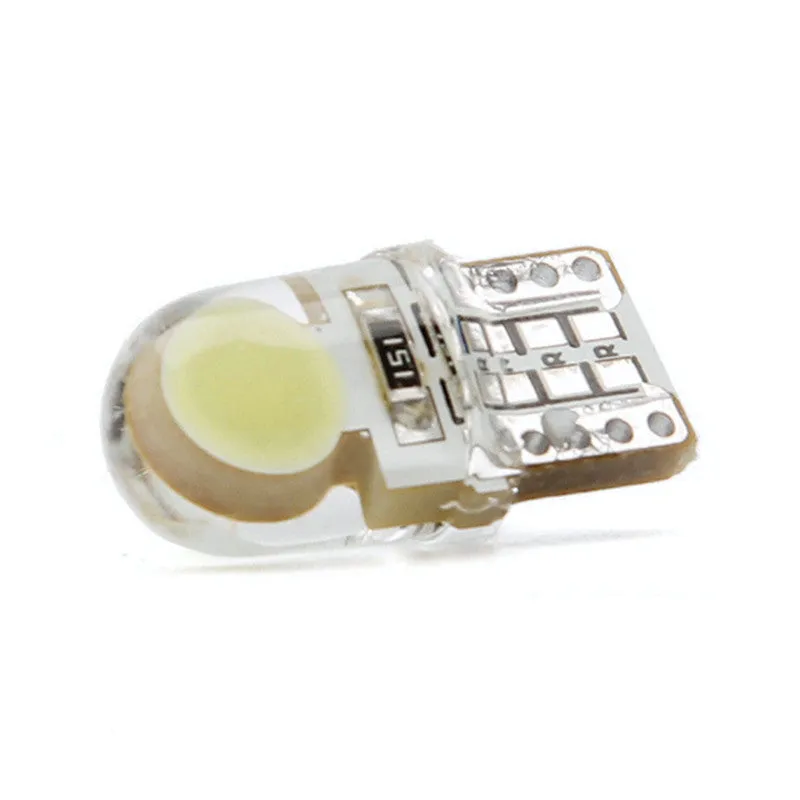 Ten T10 LED bulbs for cars in various colours including blue, red, and white, showing their 21.5mm length.