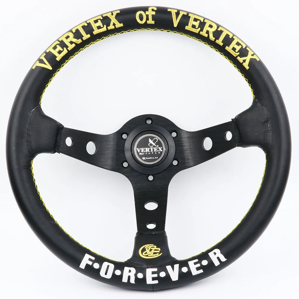 Black alloy racing steering wheel with deep concave rim and star embroidery pattern.