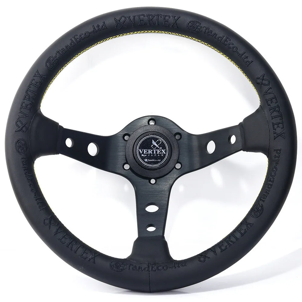 Black alloy racing steering wheel with deep concave rim and star embroidery pattern.