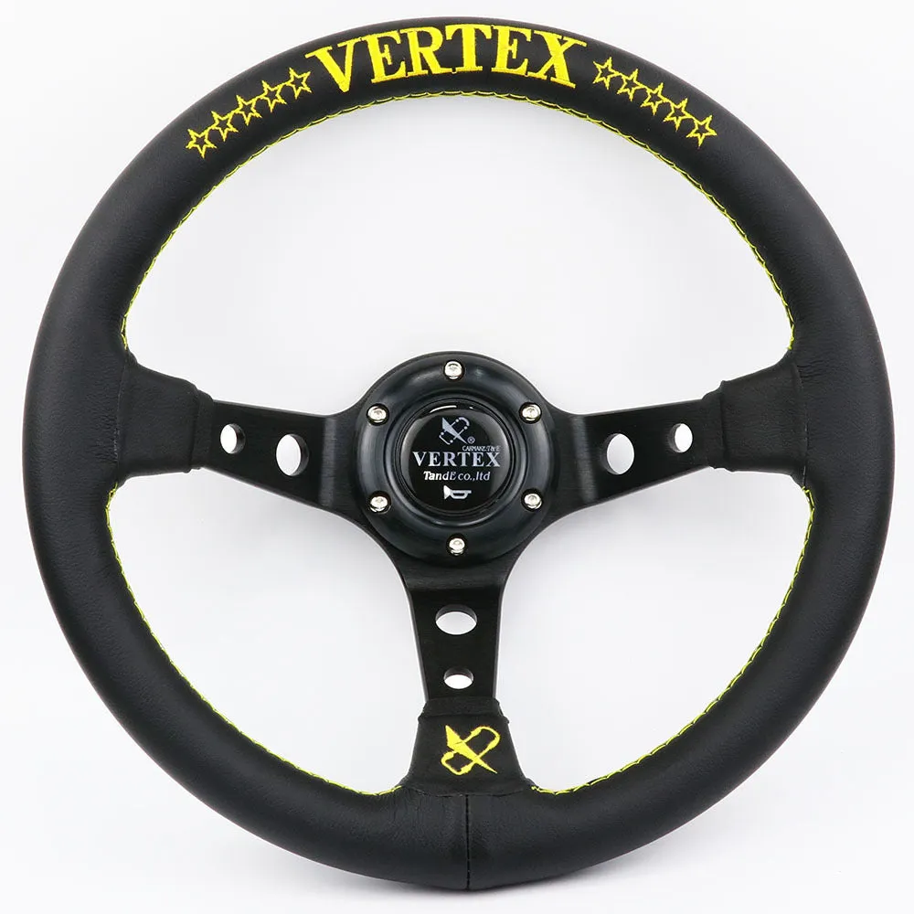 Black alloy racing steering wheel with deep concave rim and star embroidery pattern.