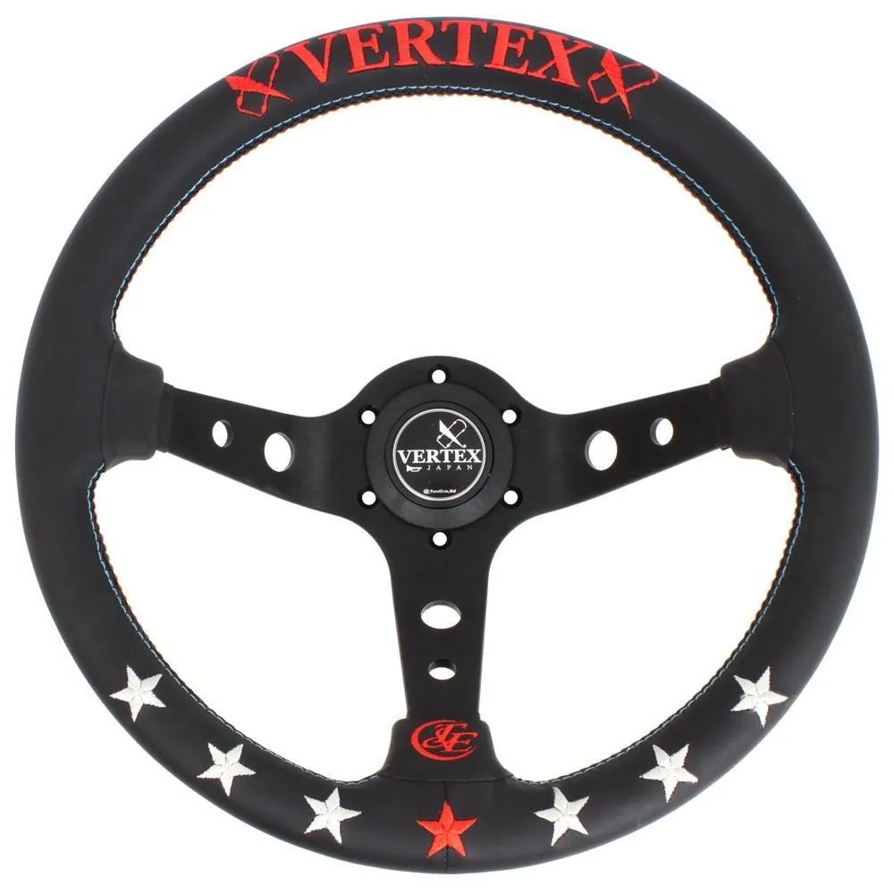 Black alloy racing steering wheel with deep concave rim and star embroidery pattern.