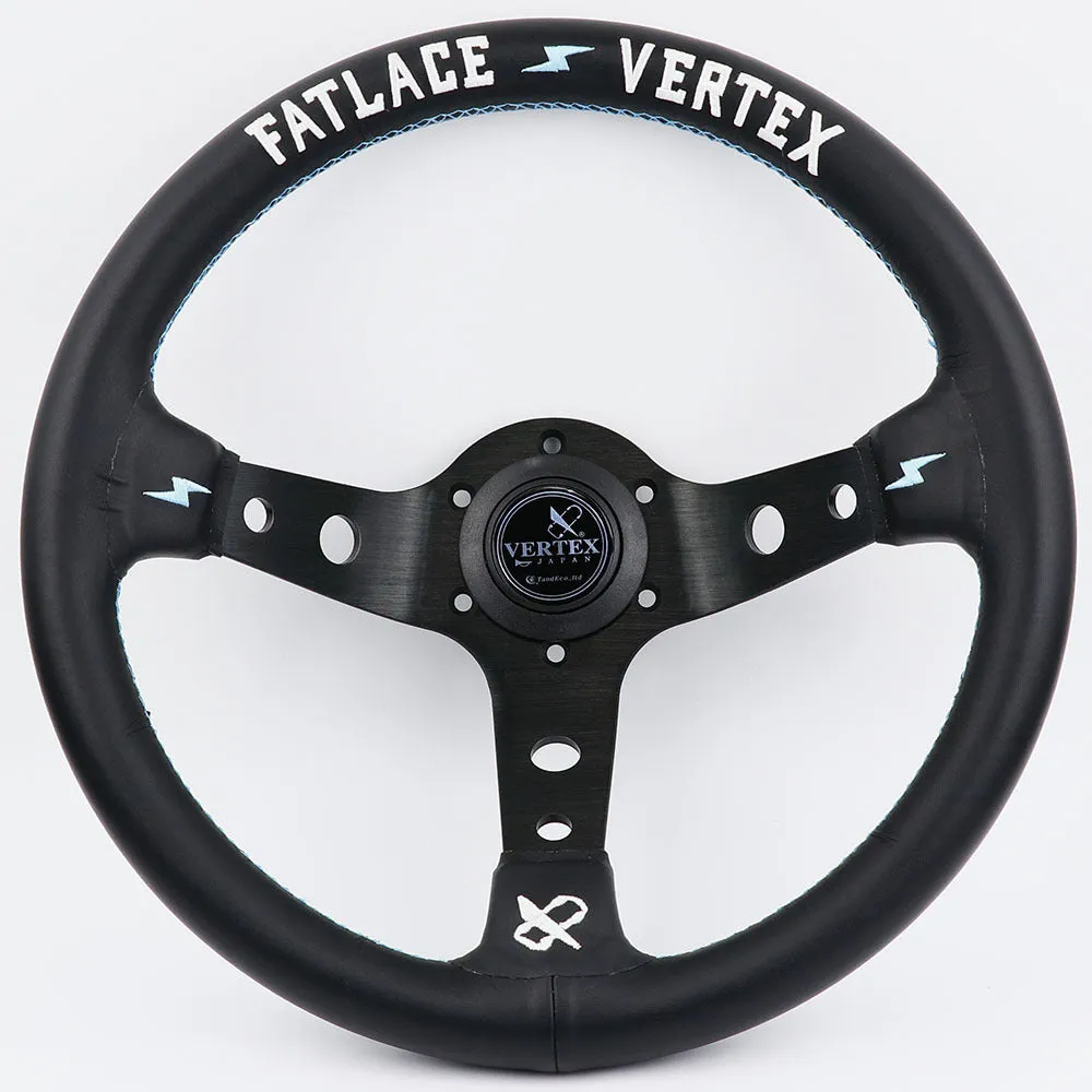 Black alloy racing steering wheel with deep concave rim and star embroidery pattern.
