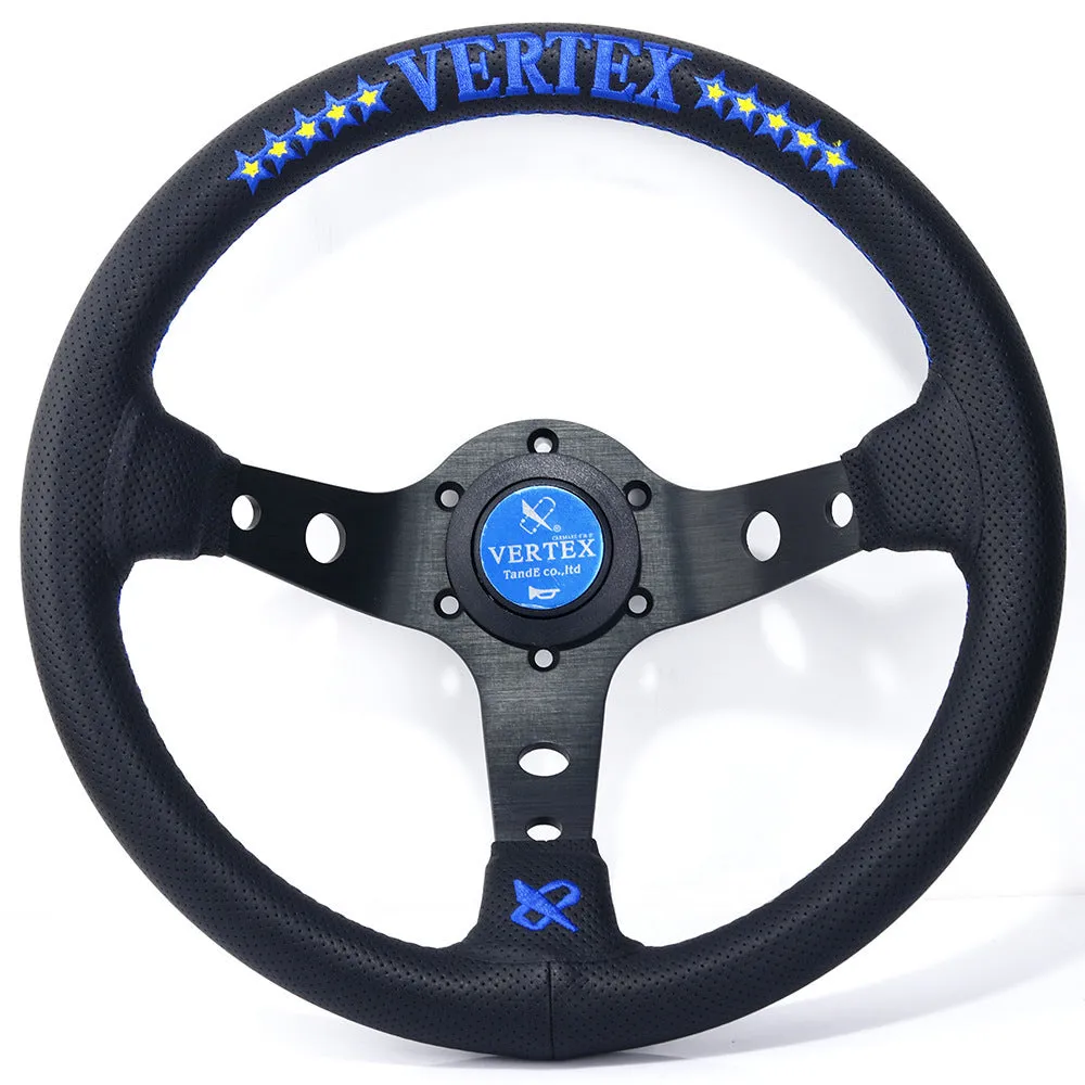 Black alloy racing steering wheel with deep concave rim and star embroidery pattern.