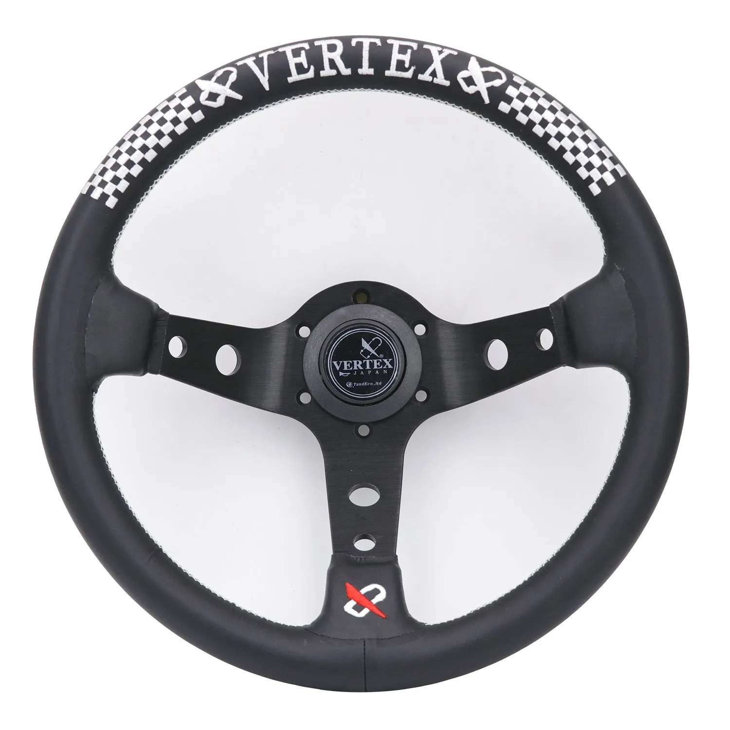 Black alloy racing steering wheel with deep concave rim and star embroidery pattern.