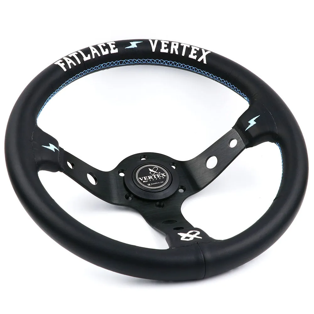Black alloy racing steering wheel with deep concave rim and star embroidery pattern.